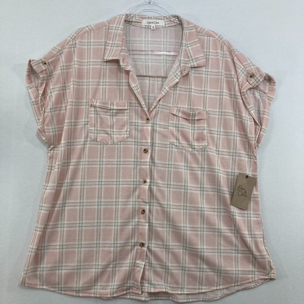 New‎ Eden & Olivia size 3X Plaid Short Sleeve Stretch Casual Button Down
